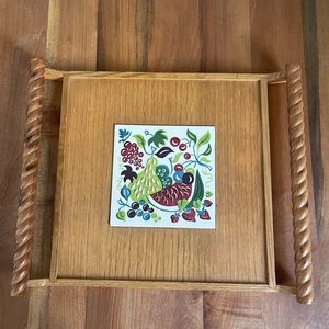 Vintage Wood & Tile Farberware Serving or Cheese Tray MCM w Fruit Motif 16 x 12
